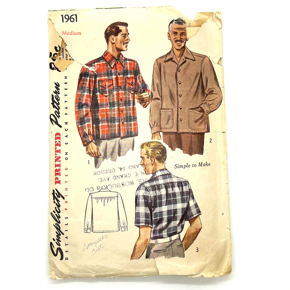 Simplicity Vintage‎ 1940's Pattern #1961 Men's Shacket Button Down Shirt Size M